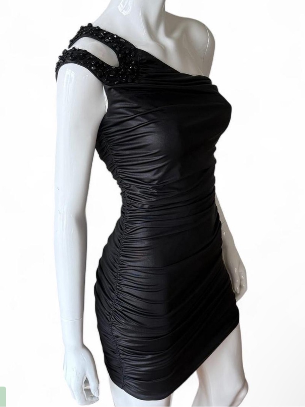 Vintage Bebe Early 2000s Black Ruched One-Shoulder Bodycon Mini Dress